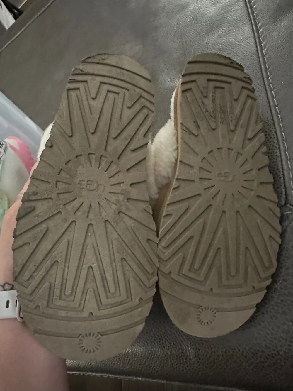 UGG Kids Chestnut Suede Slippers with Cream Fur Trim